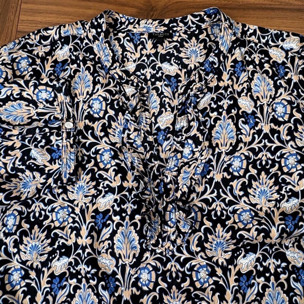 Talbots Black Floral Print V-Neck Blouse with Blue and Cream Accents - Picture 3 of 9